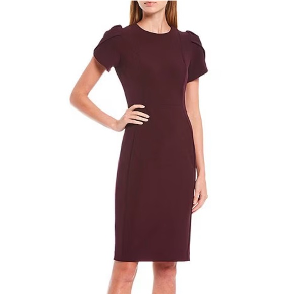 Short Tulip Sleeve Solid Sheath Stretch Dress - Calvin Klein - Aubergine - Picture 1 of 5